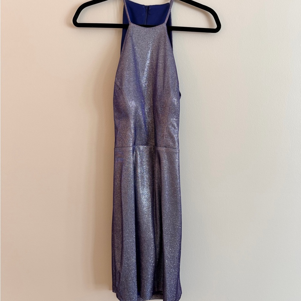 Shimmer Halter Mini Dress in Metallic Purple